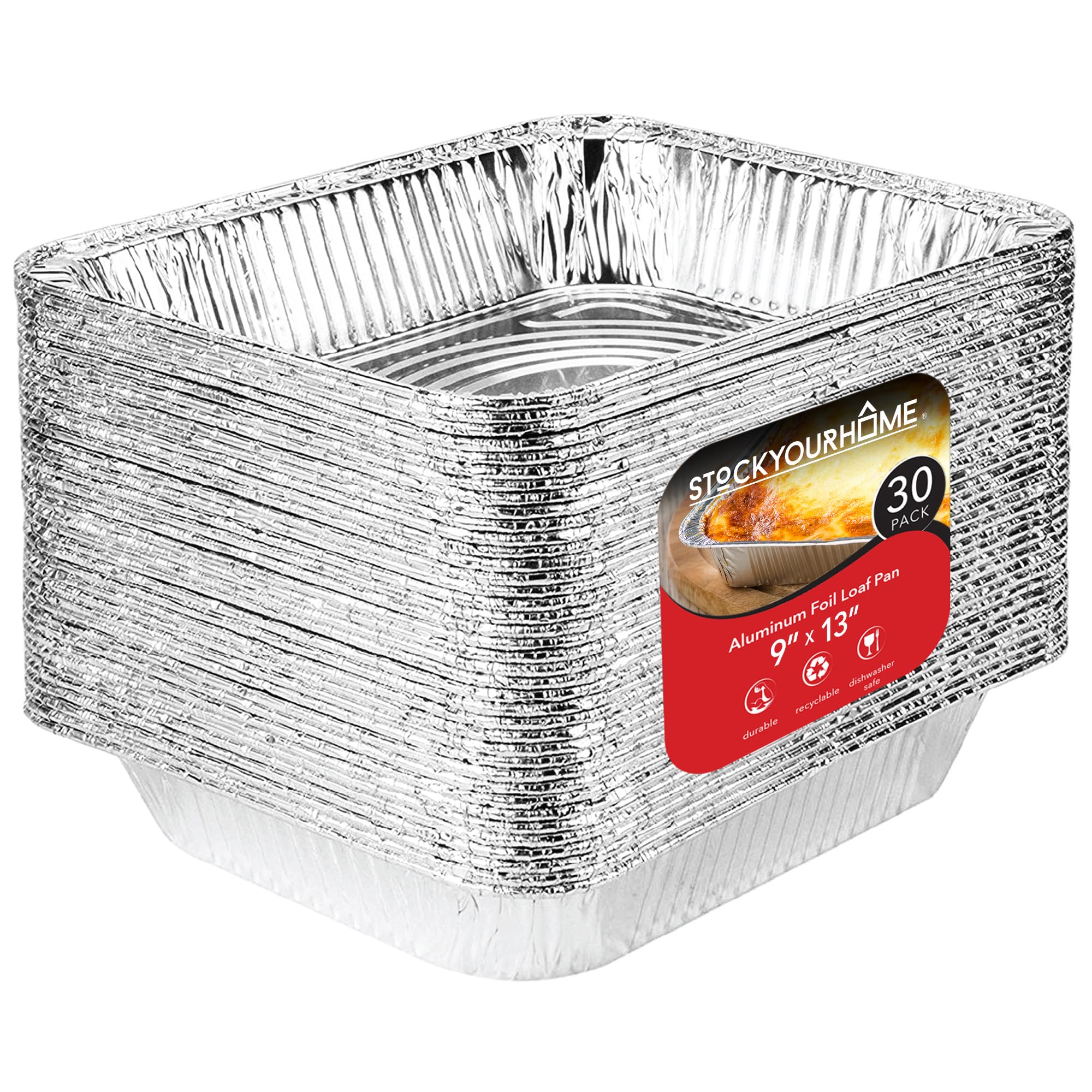 Stock Your Home front view of 9x13 pan pack shows sturdy disposable trays and value