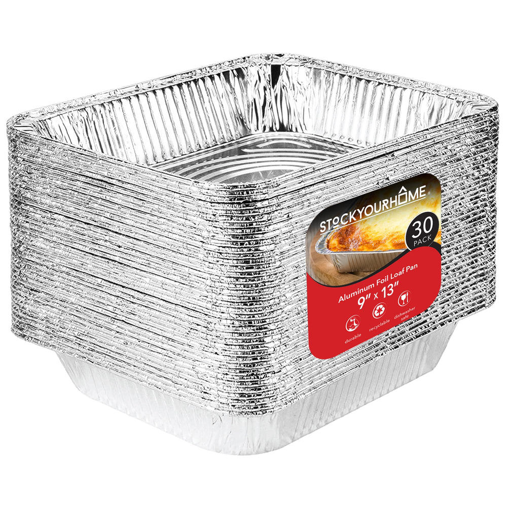 Stock Your Home front view of 9x13 pan pack shows sturdy disposable trays and value