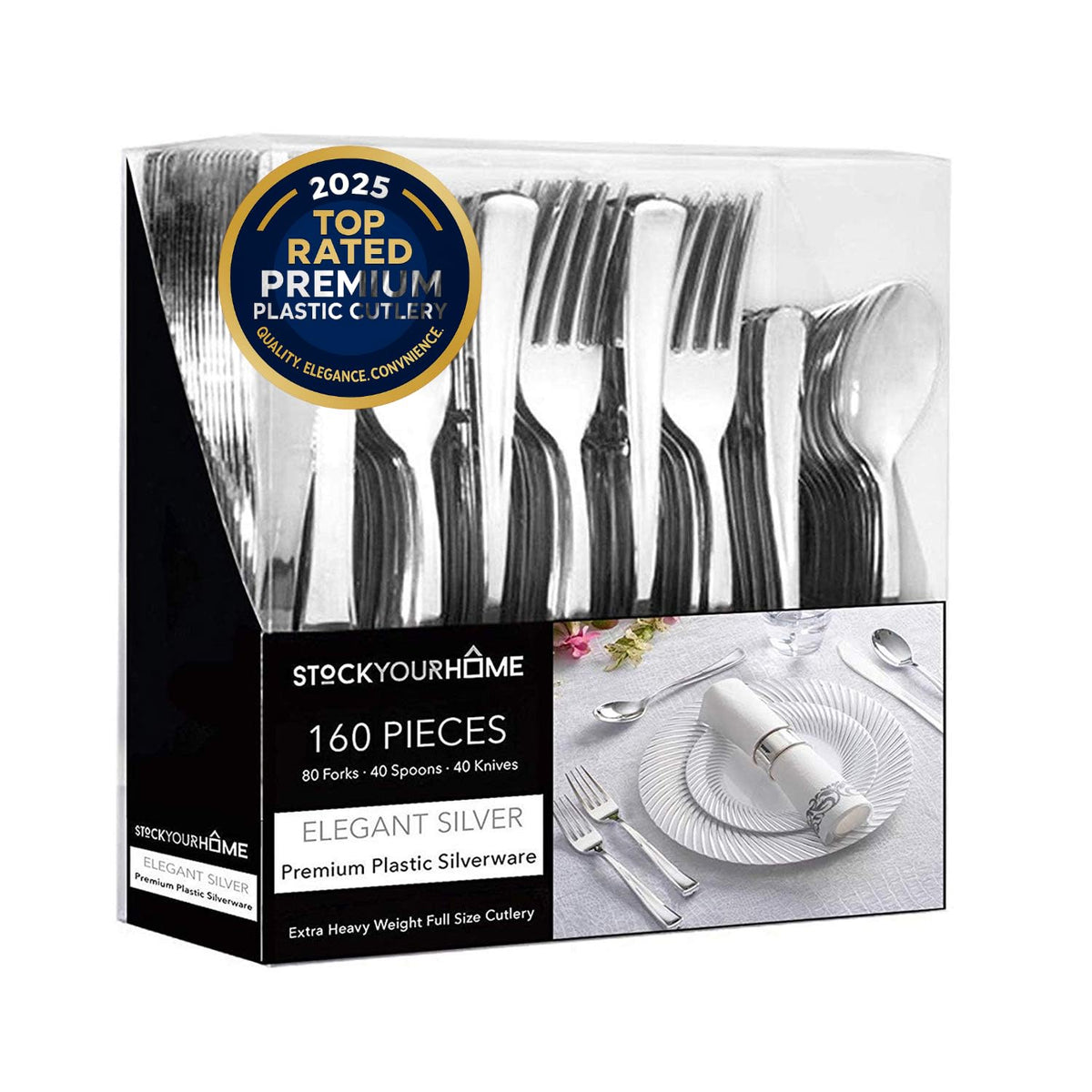 Stock Your Home front package showing 160-piece silver cutlery set and elegant presentation