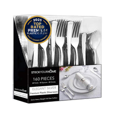 Stock Your Home front package showing 160-piece silver cutlery set and elegant presentation