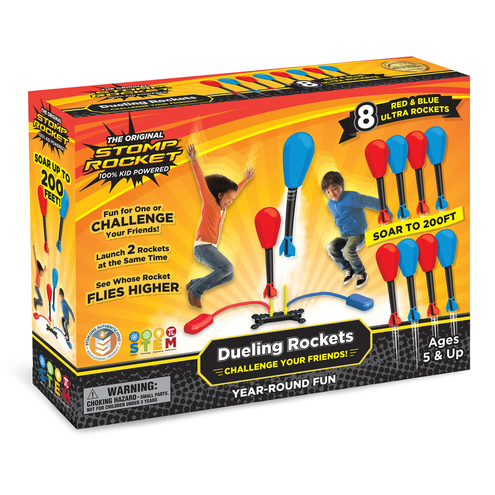 Stomp Rocket dueling launcher front view showing dual ports and benefit easy play
