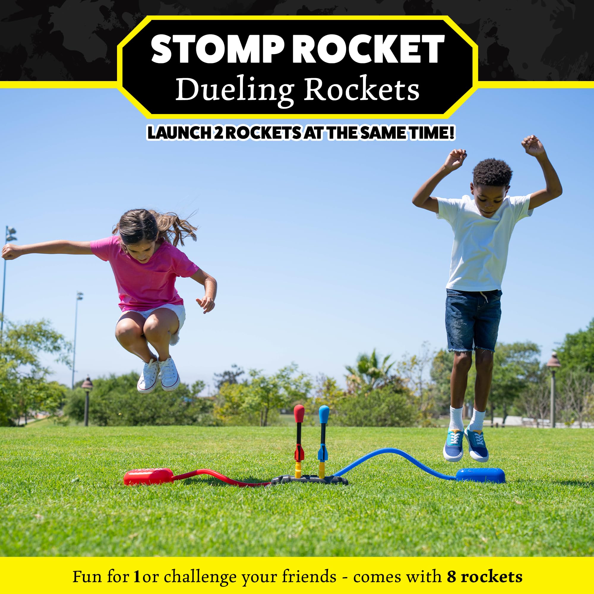 Stomp Rocket eight foam rockets arranged to show variety and benefit group play
