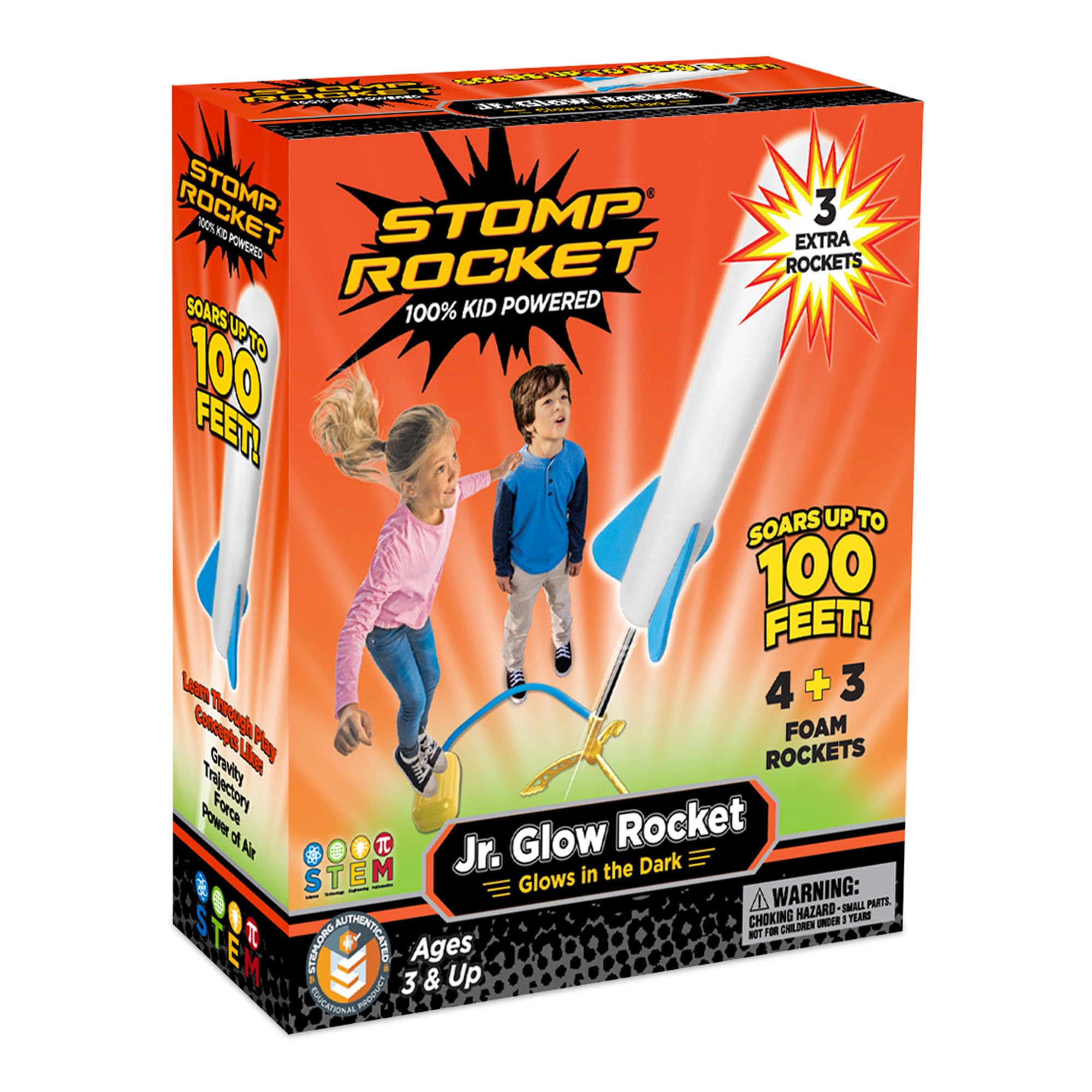 Stomp Rocket Jr Glow front packaging showing kit contents and benefits