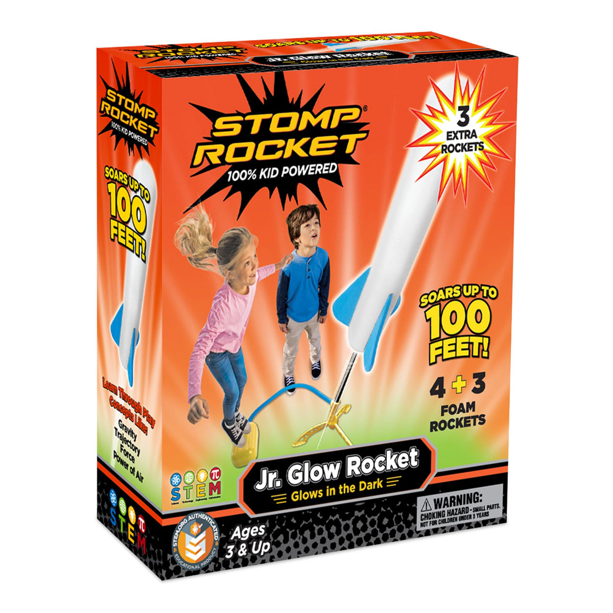 Stomp Rocket Jr Glow front packaging showing kit contents and benefits