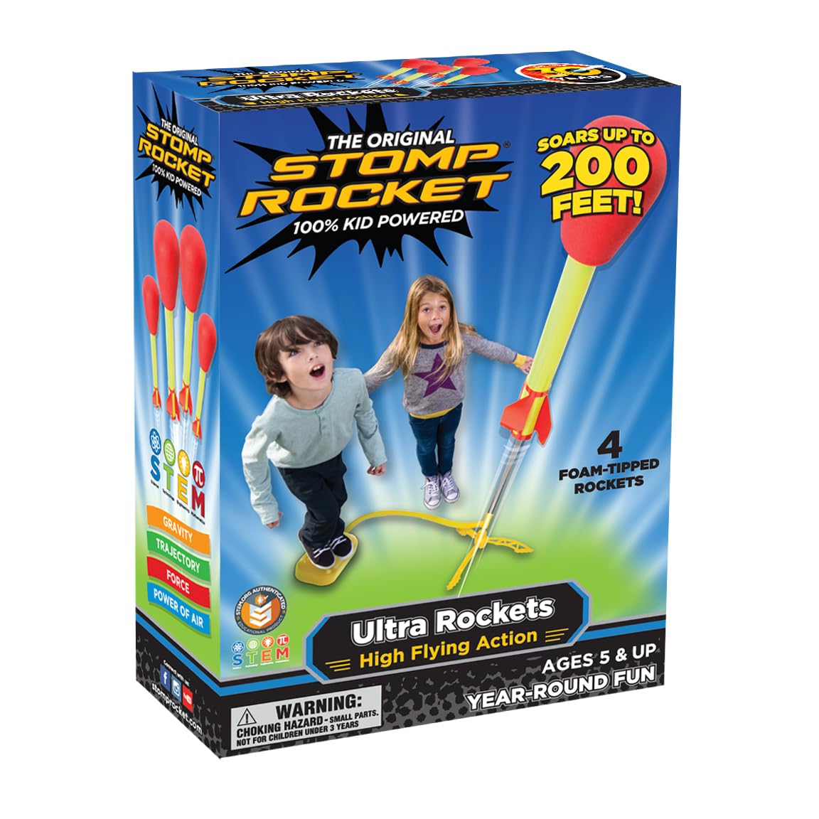 Stomp Rocket Ultra front packaging showing contents and benefits