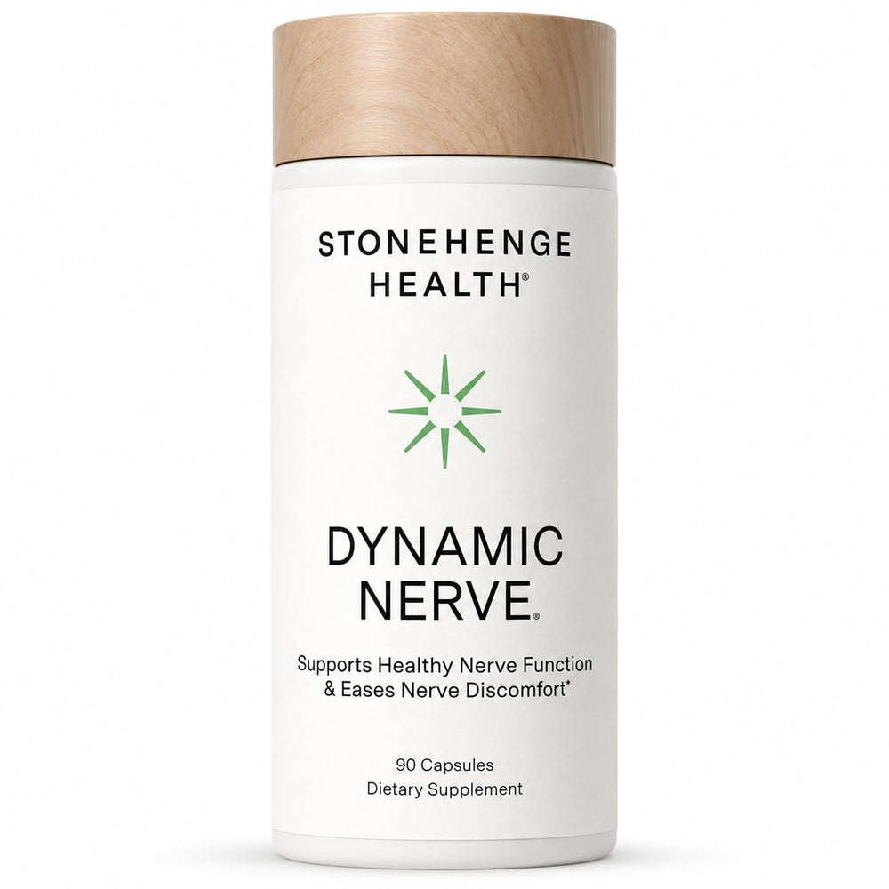 Stonehenge Health bottle front label showing Dynamic Nerve benefits and clear branding