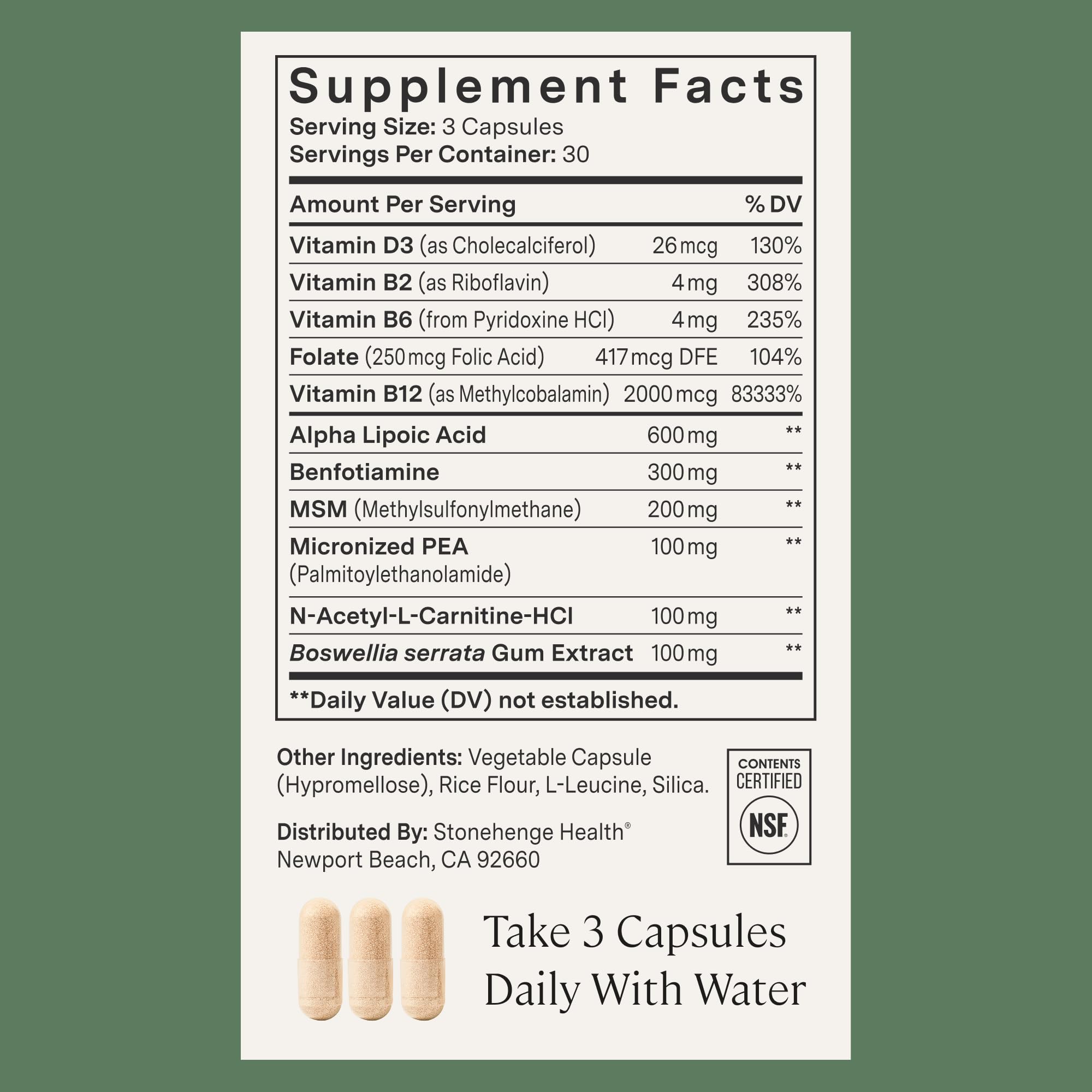 Stonehenge Health ingredients panel close-up highlighting ALA, benfotiamine, PEA, and B-complex