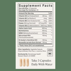 Stonehenge Health ingredients panel close-up highlighting ALA, benfotiamine, PEA, and B-complex