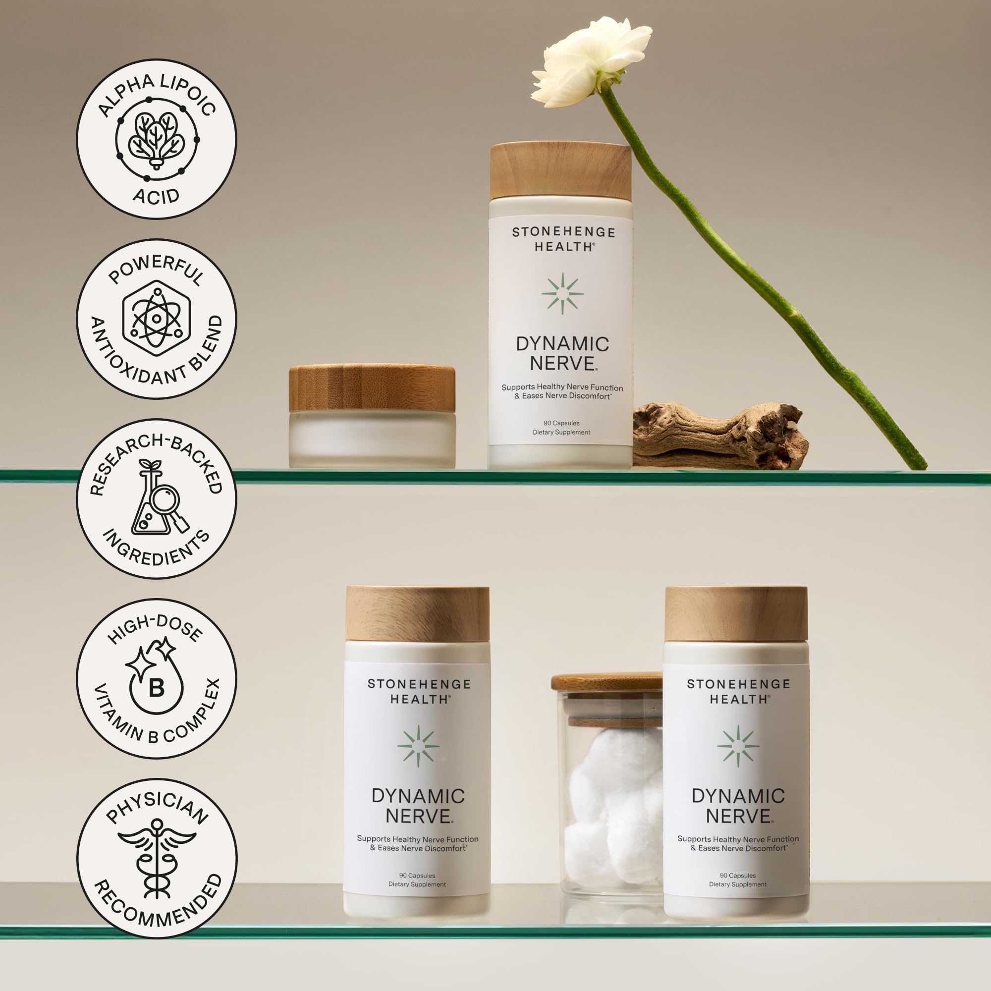 Stonehenge Health bottle next to a common object to show size and 90-capsule supply