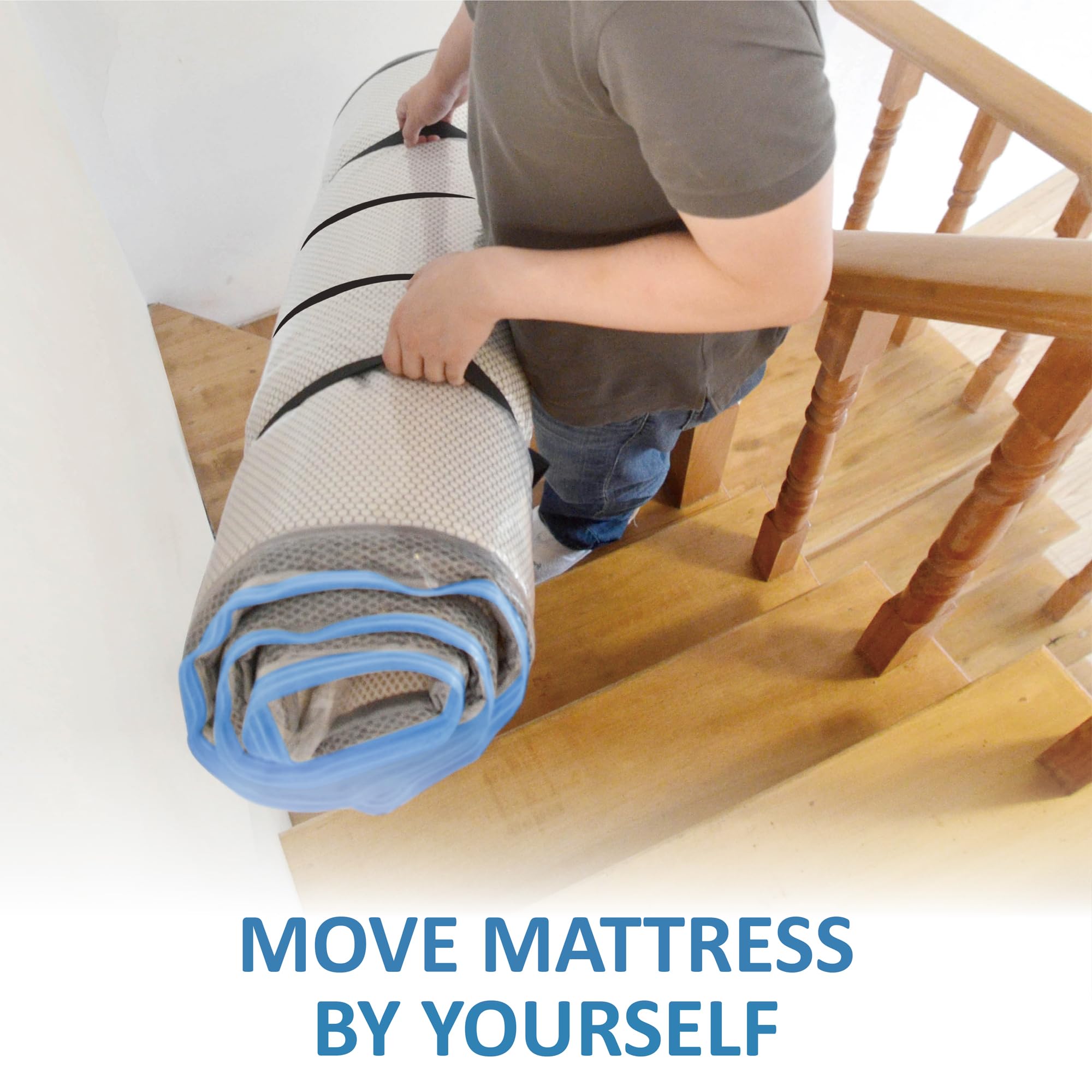 Storage Logic compressed mattress secured with four straps for easier carrying and stability