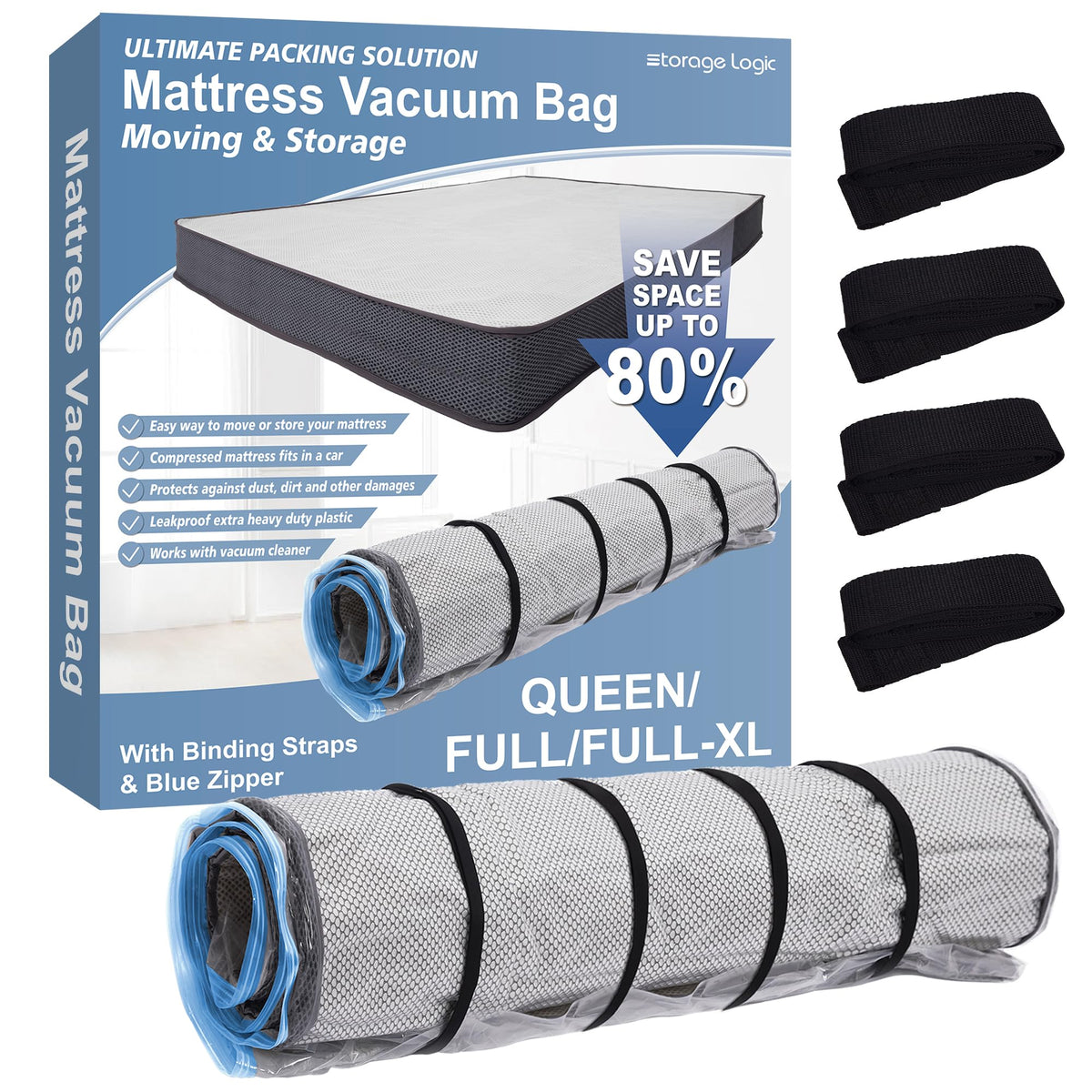 Storage Logic front packaging showing bag and blue zipper for clear identification and sealing