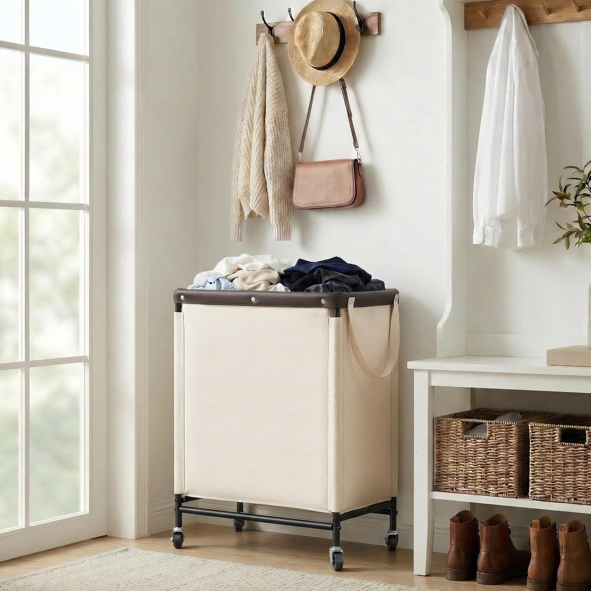 StorageWorks size comparison with laundry items showing generous 100L capacity