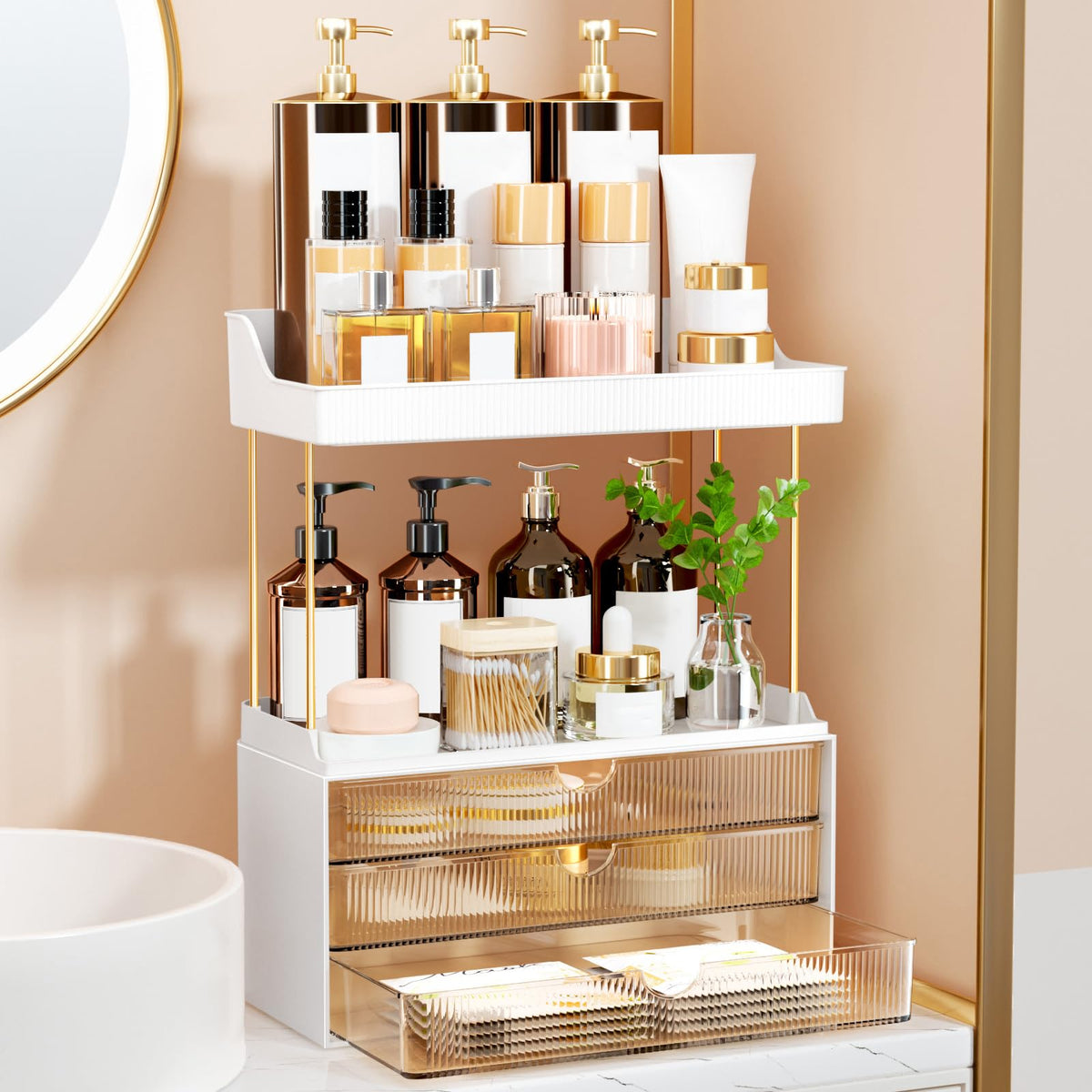 StorBin front view on vanity showing organized cosmetics and benefits of visibility