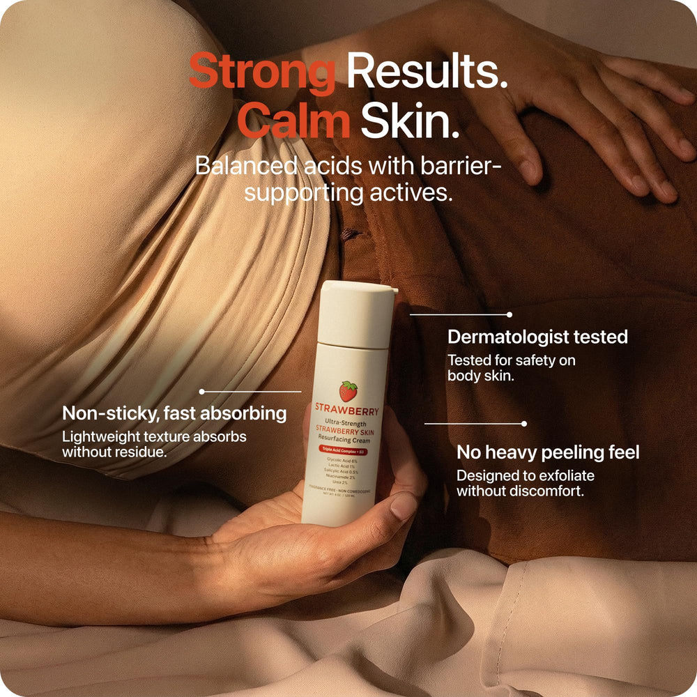 STRAWBERRY in use applied to arm demonstrating smoother, softer skin appearance