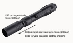 Streamlight MicroStream beam lighting a trail, brand showing focused long-range reach