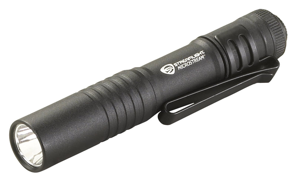 Streamlight MicroStream front view showing compact black penlight and lens, reliable illumination