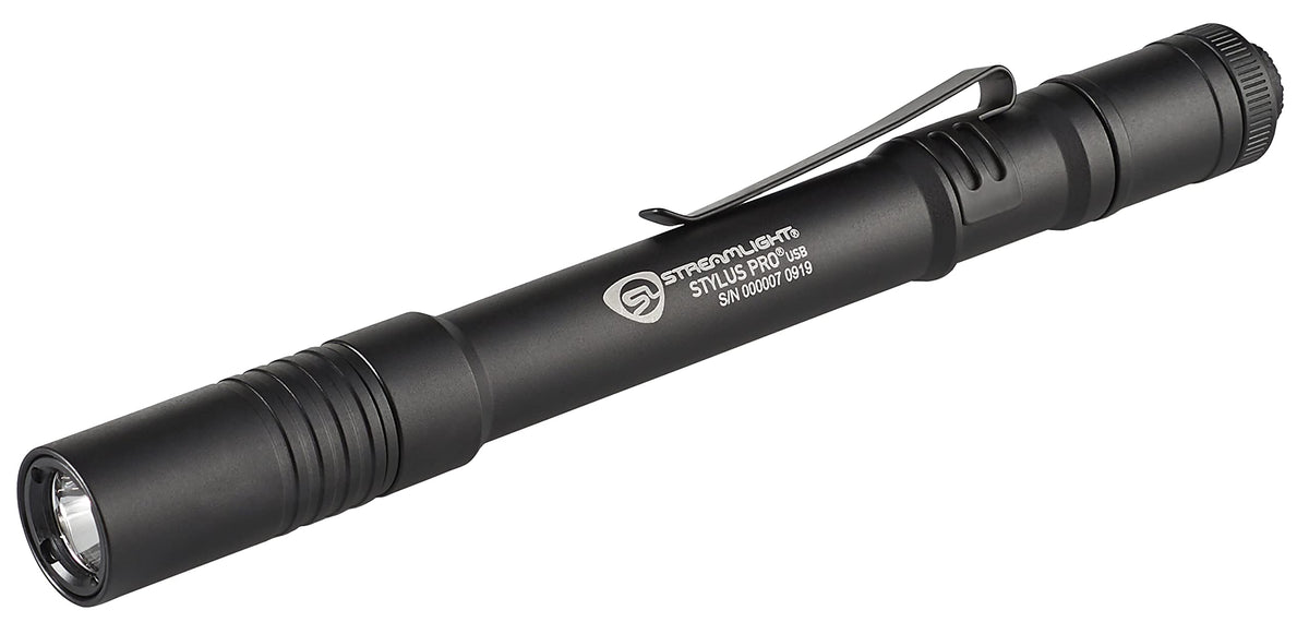 Streamlight Stylus Pro front view showing compact design and tail-cap switch for reliable operation