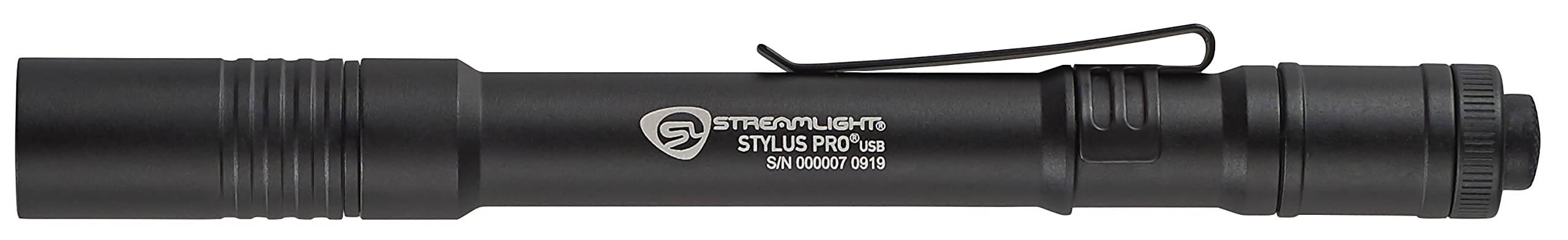 Streamlight Stylus Pro next to a pen for scale illustrating slim, pocketable size