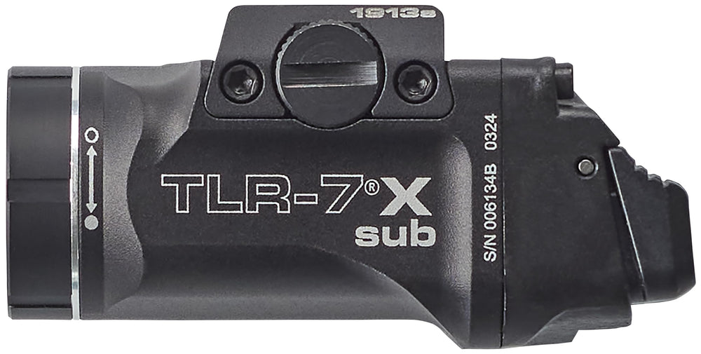 Streamlight TLR-7 X Sub next to battery illustrating compact size and power source