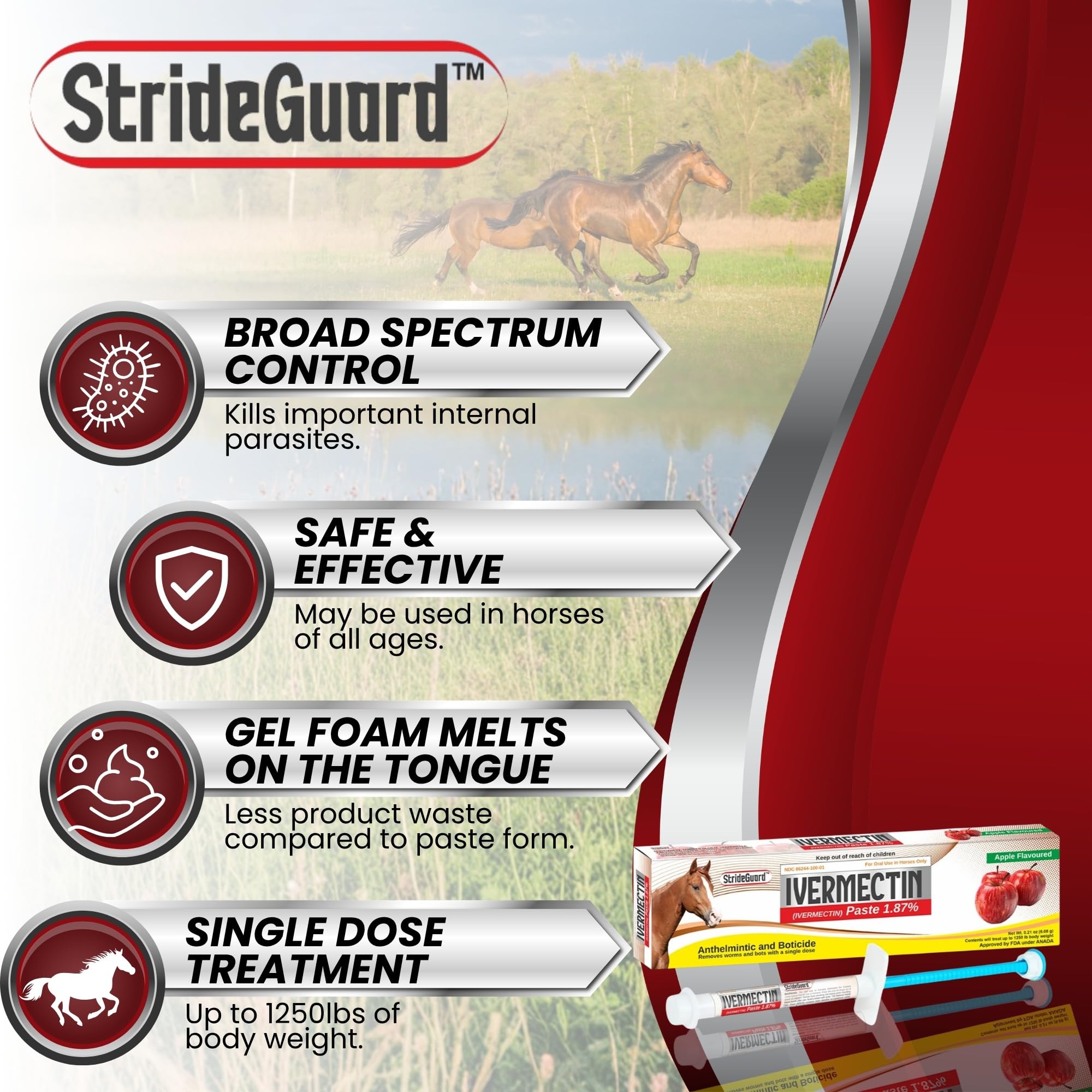 StrideGuard application demo on horse showing easy oral delivery and reduced stress