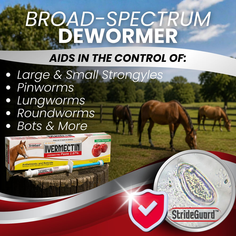 StrideGuard product label and dosage chart showing weight-based guidance for owners