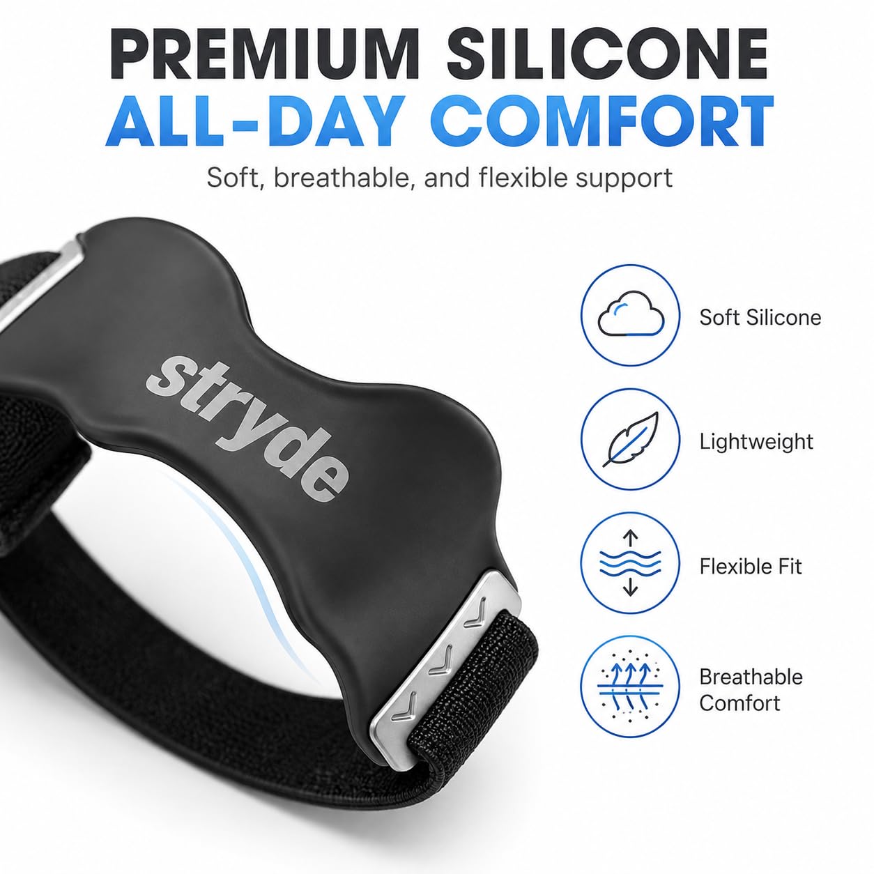 Stryde Strap beside ruler scale comparison showing one-size fit range
