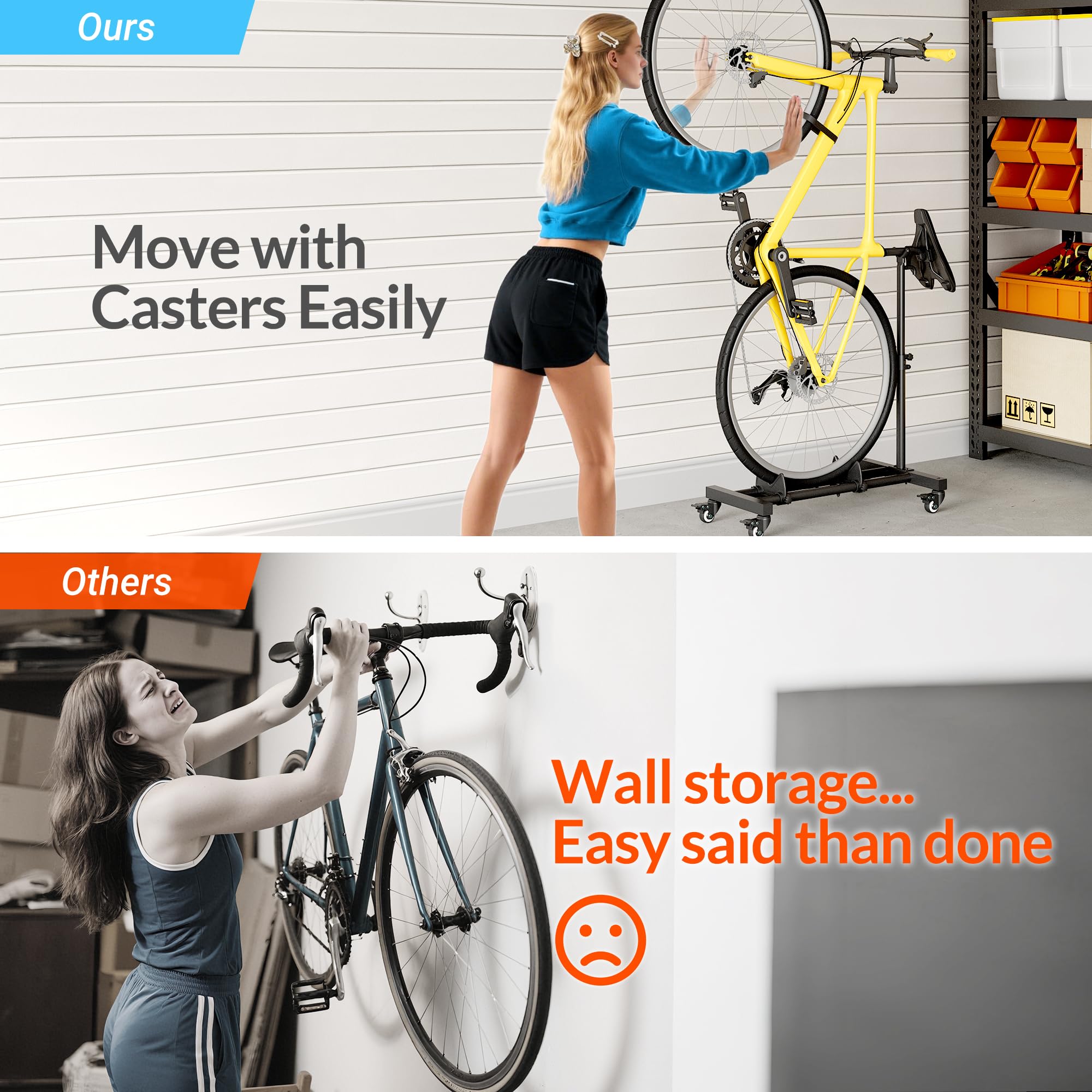 Sttoraboks side profile with bike in stand demonstrating upright space saving
