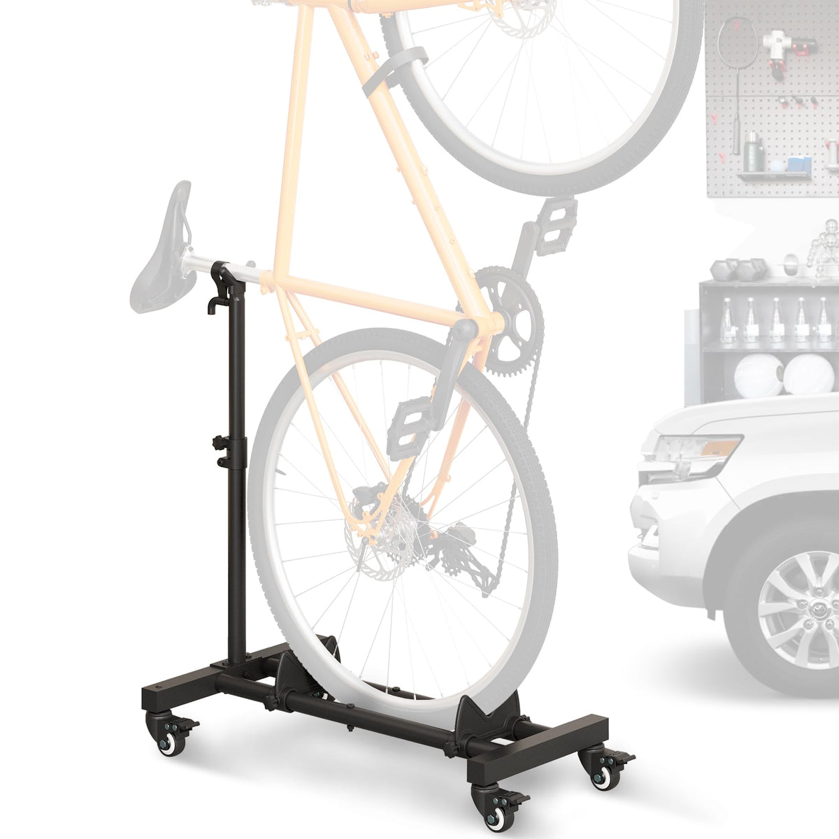 Sttoraboks front view of vertical bike stand showing compact storage benefit