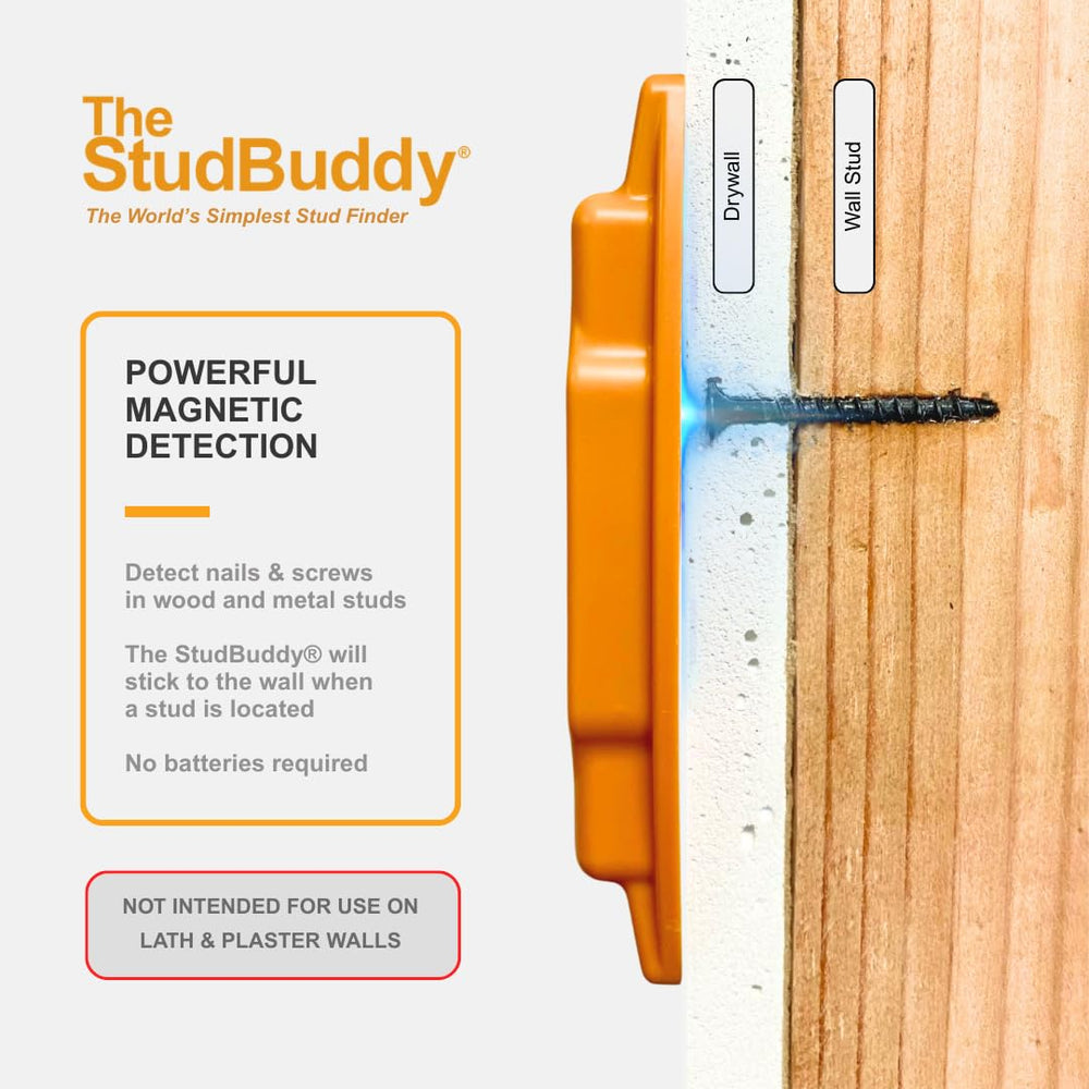 StudBuddy stuck to drywall at screw head indicating precise stud location
