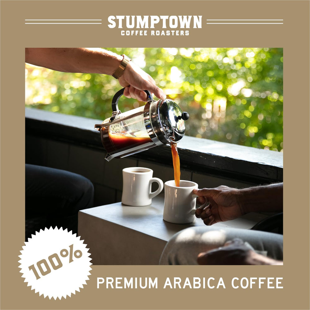 Stumptown closeup label detail highlighting origin and roast benefits