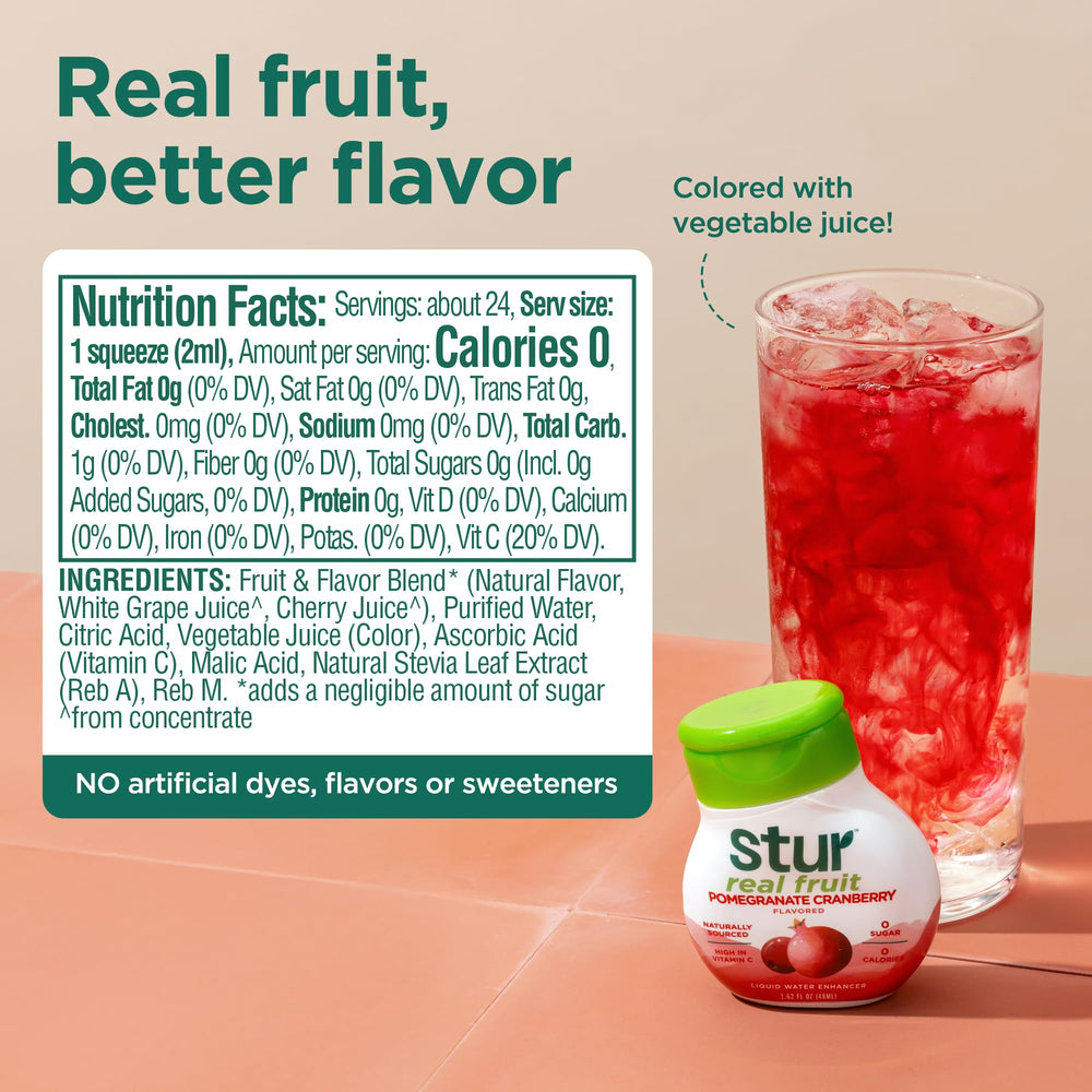 Close-up of Stur label displaying real fruit extract and zero sugar benefits