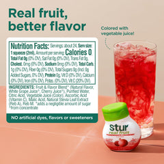 Close-up of Stur label displaying real fruit extract and zero sugar benefits