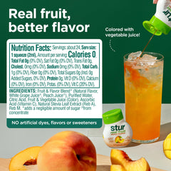 Stur close-up of bottle label highlighting real fruit extract and vitamin C