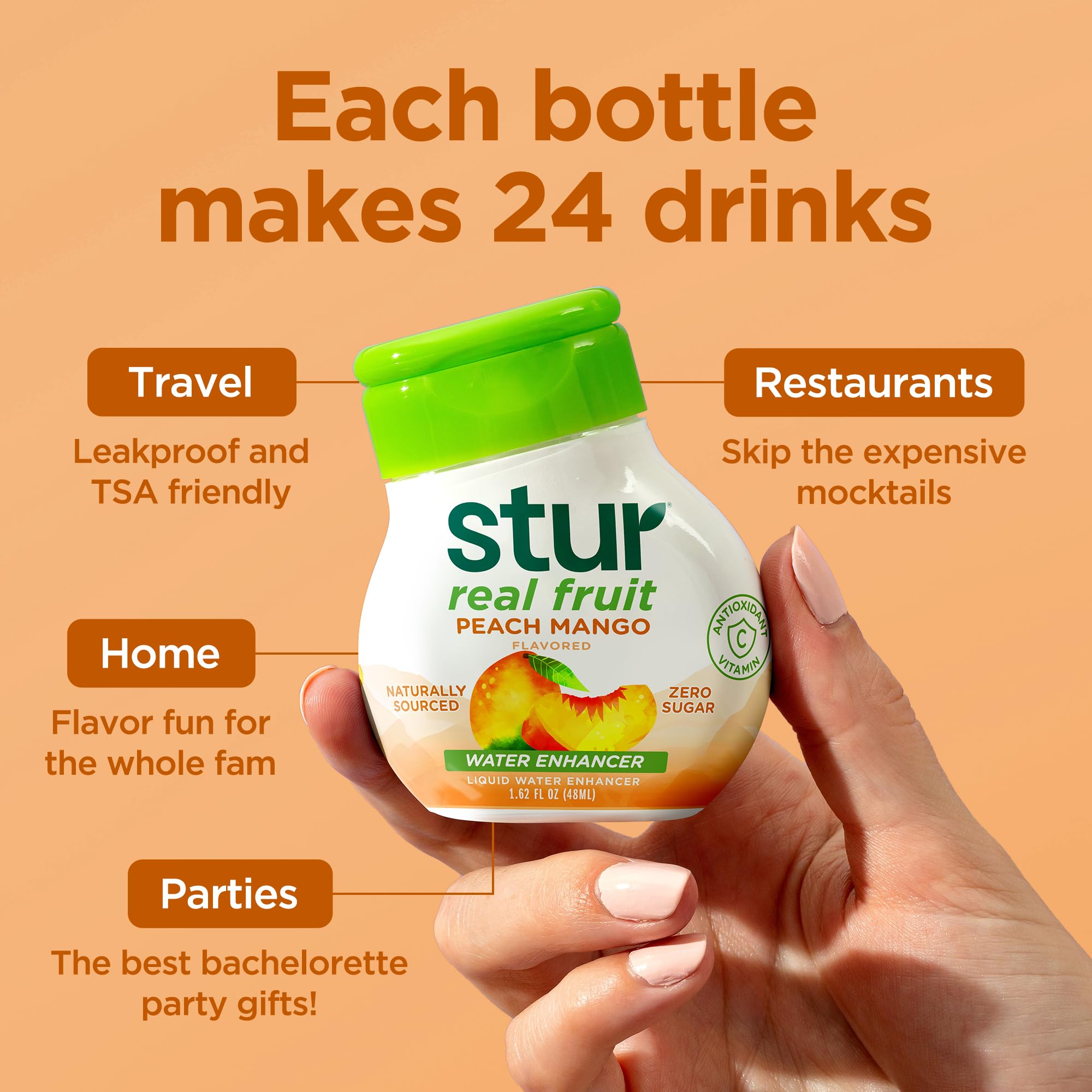 Stur ingredients display with peach and mango extracts highlighting natural flavor