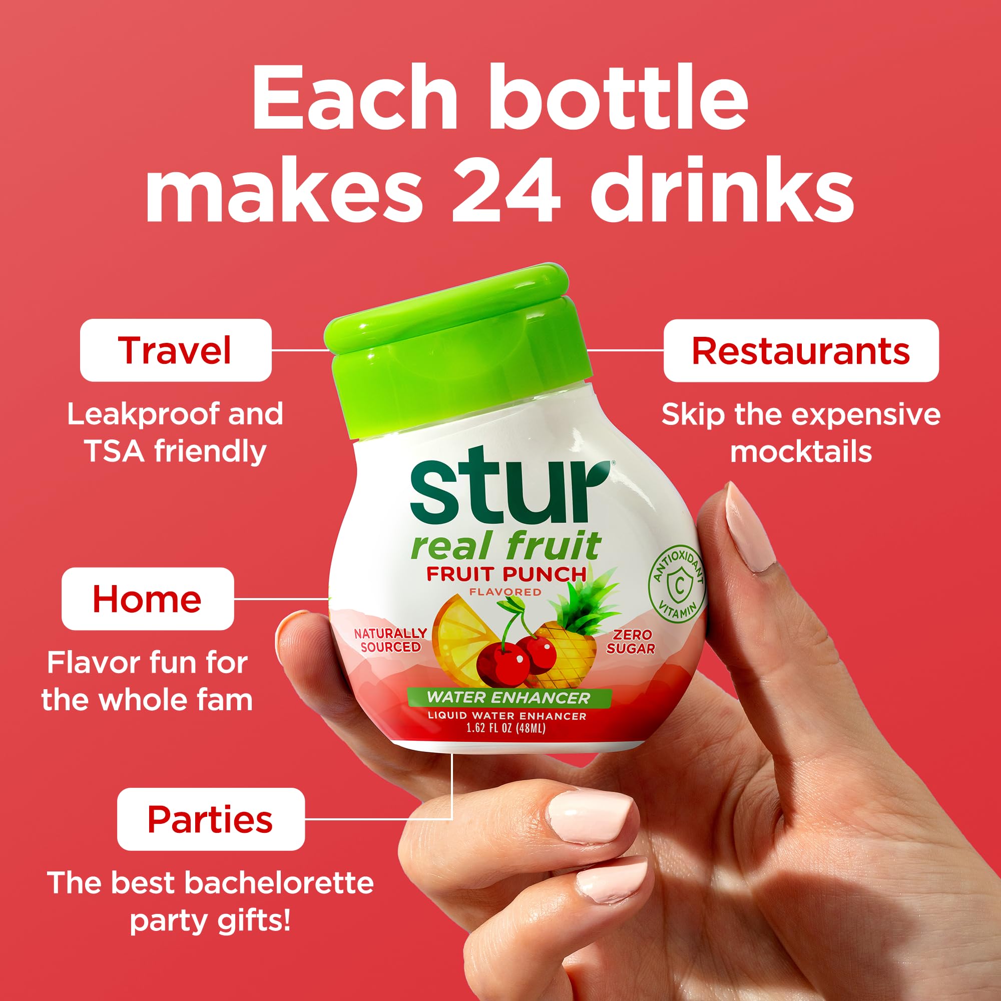 Stur serving size next to glass demonstrating mix ratio convenience