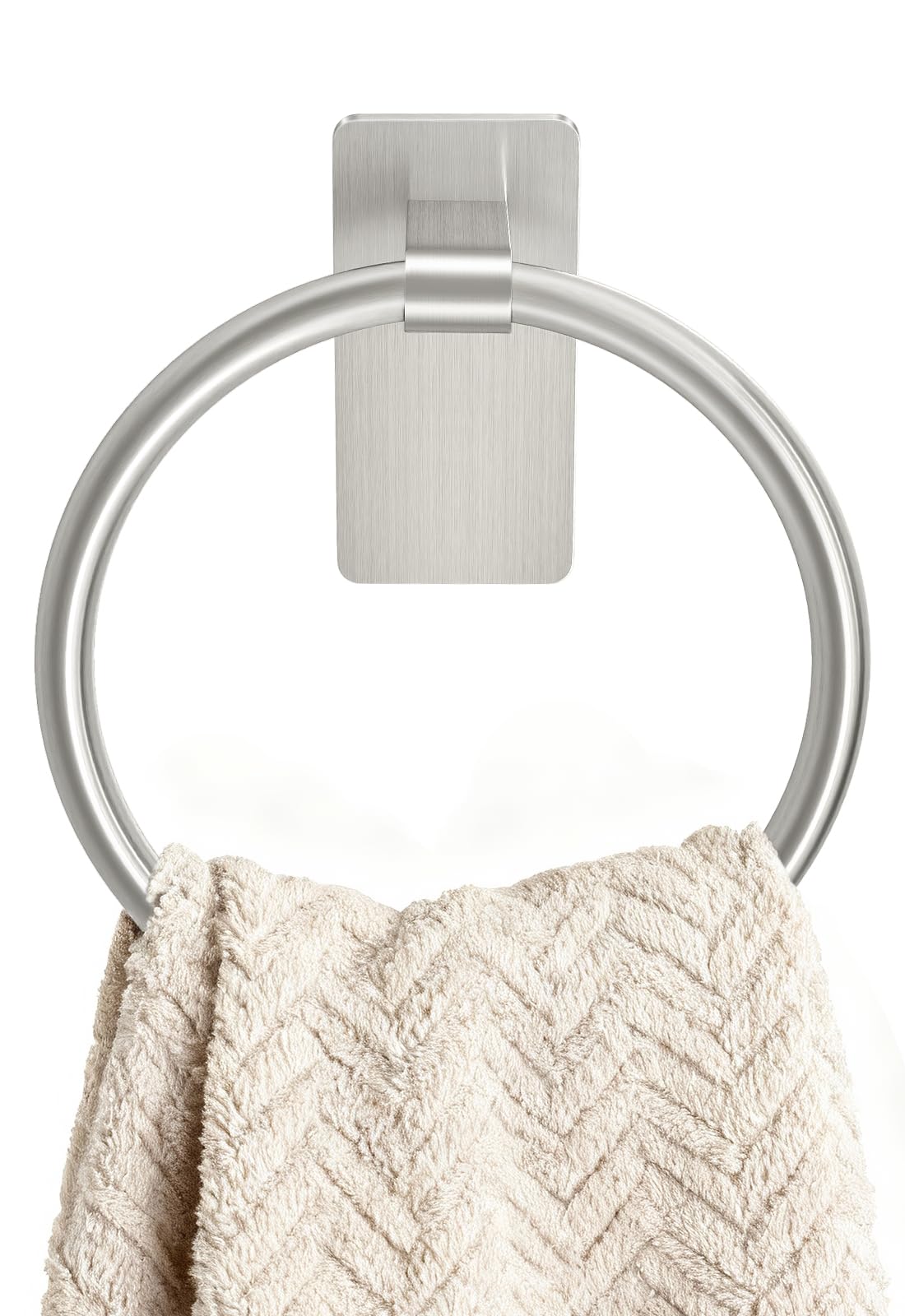 STWWO brushed nickel front view showing sleek towel ring and finish benefit