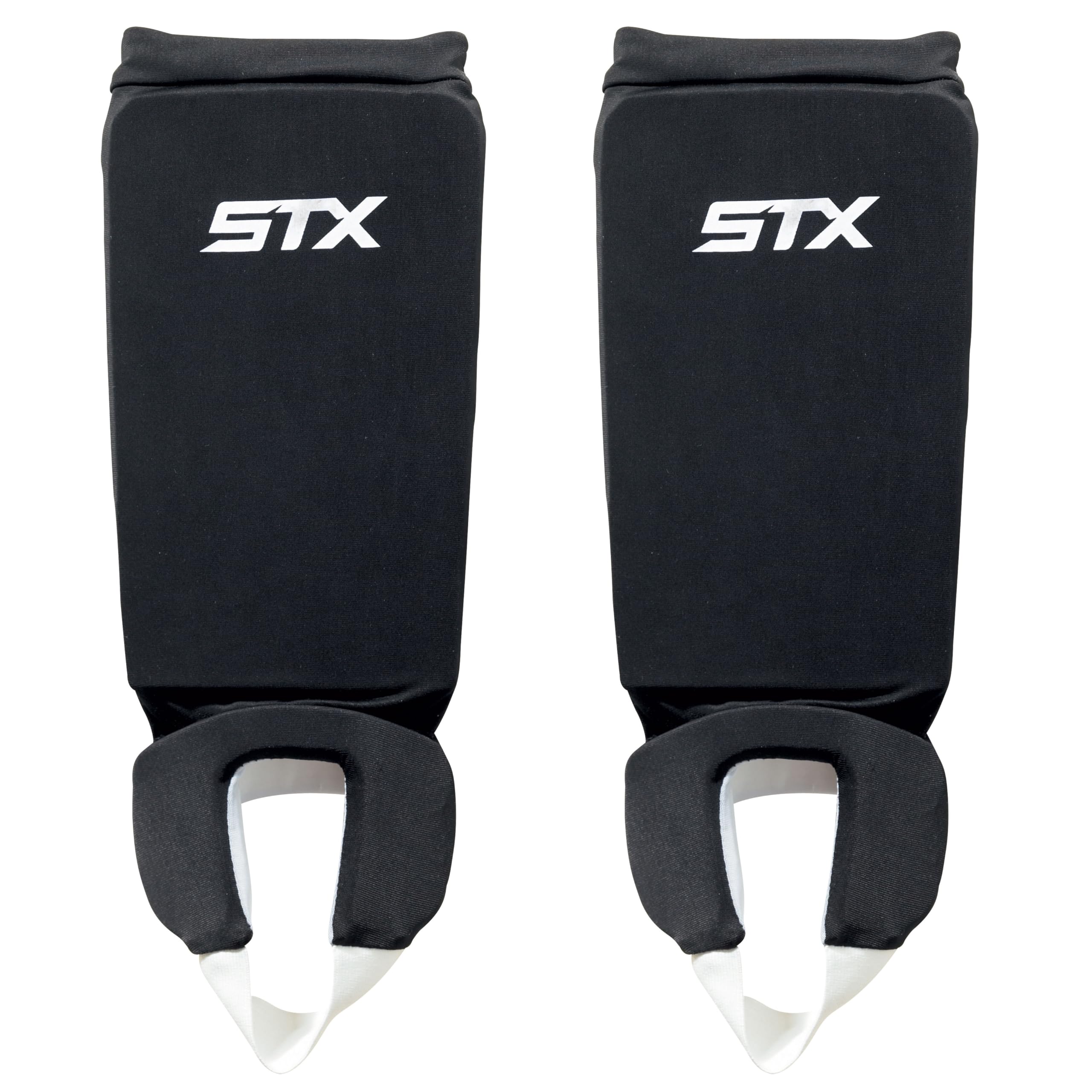 STX reversible shin shield front view showing black and white sides for quick team color change and dependable protection