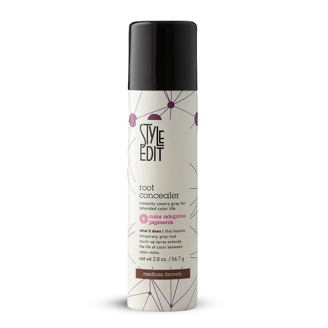 STYLE EDIT front packaging showing medium brown spray and compact 2 oz size benefit quick touch-ups