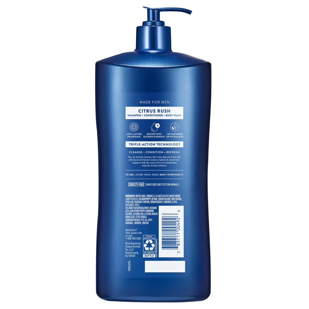 Ingredient highlight of glycerin and keratin on Suave Citrus Rush bottle