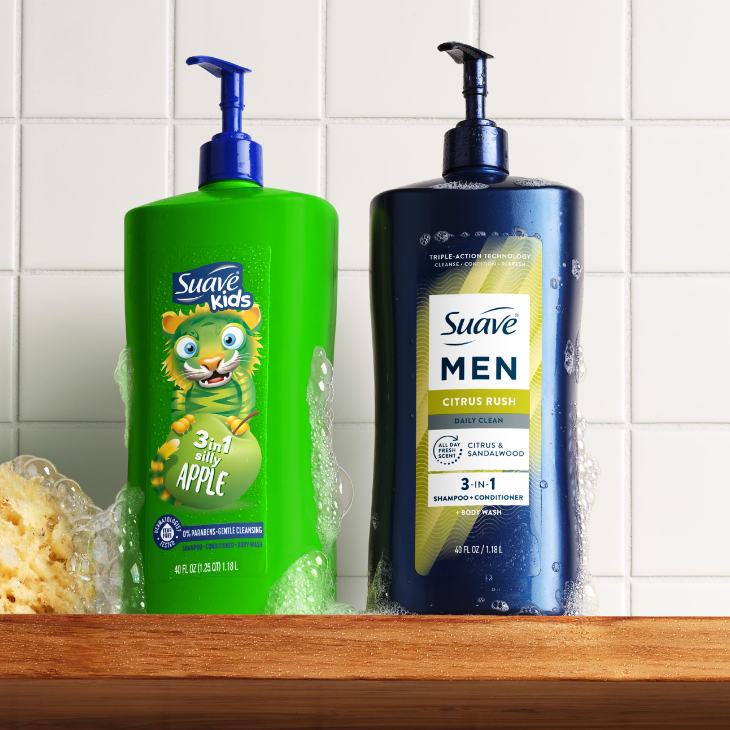 40 fl oz Suave bottle next to toothbrush for size and scale comparison