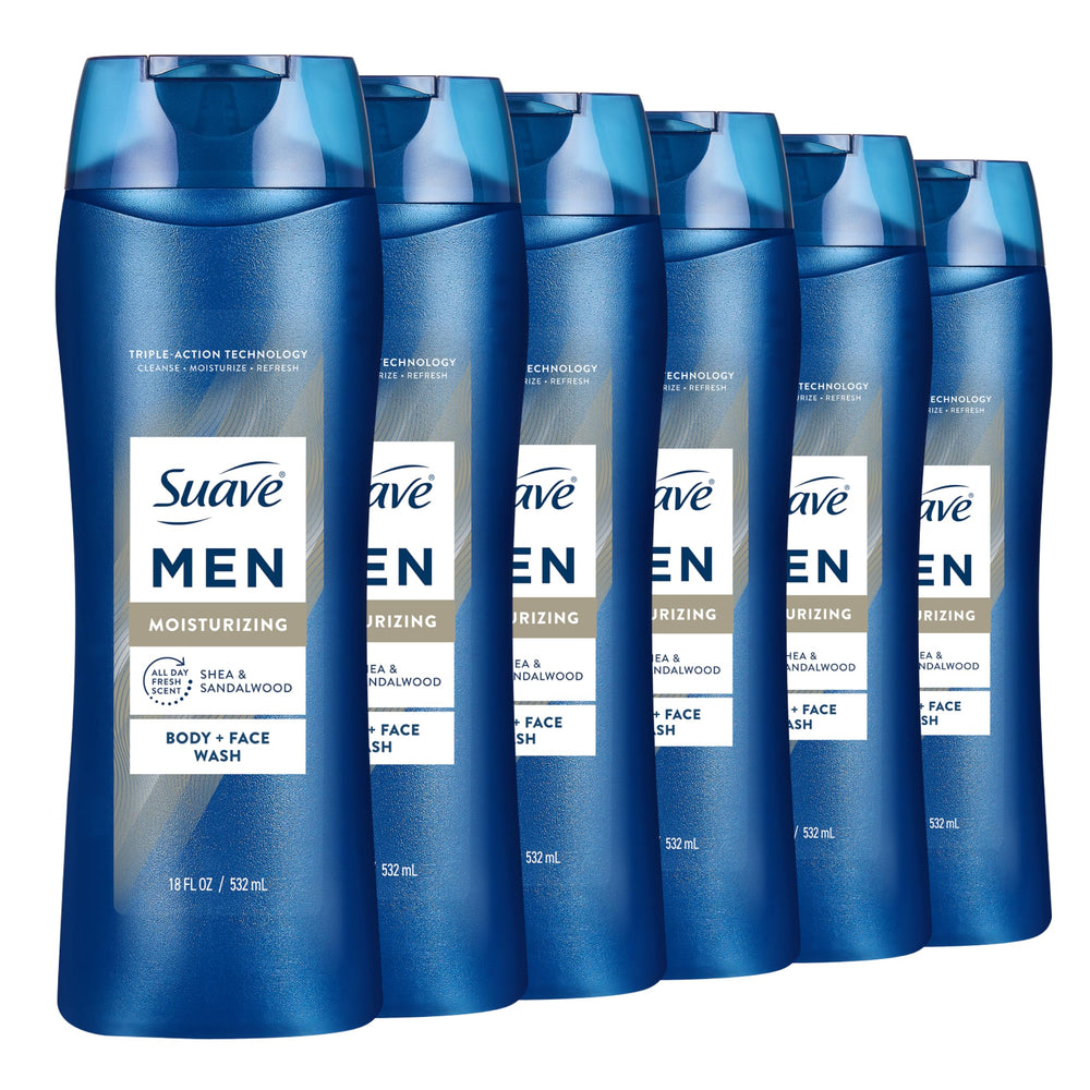 Suave Men front packaging showing shea and sandalwood scent and moisturizing benefits