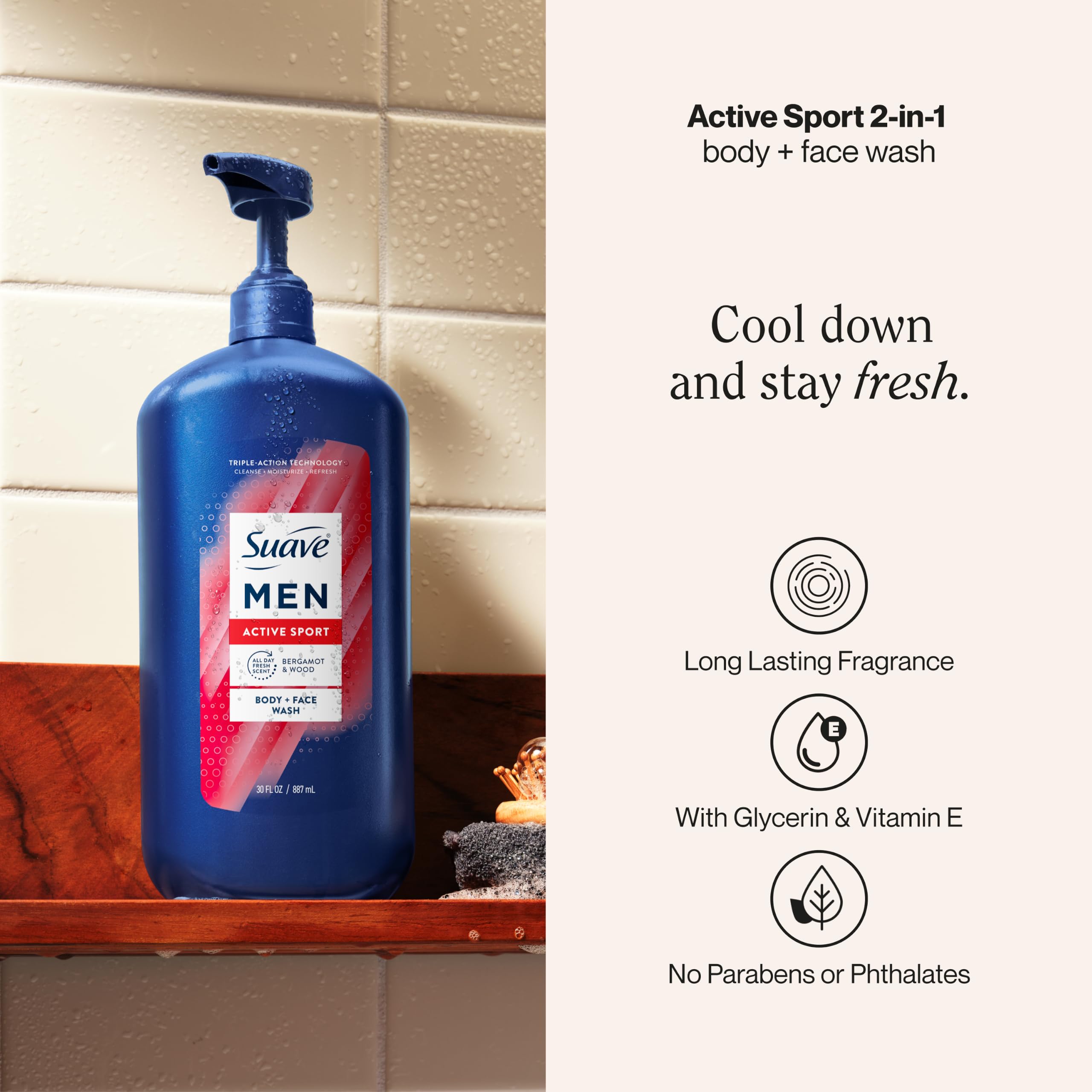 Suave pouring texture of gel highlighting moisturizing glycerin and quick lather benefit