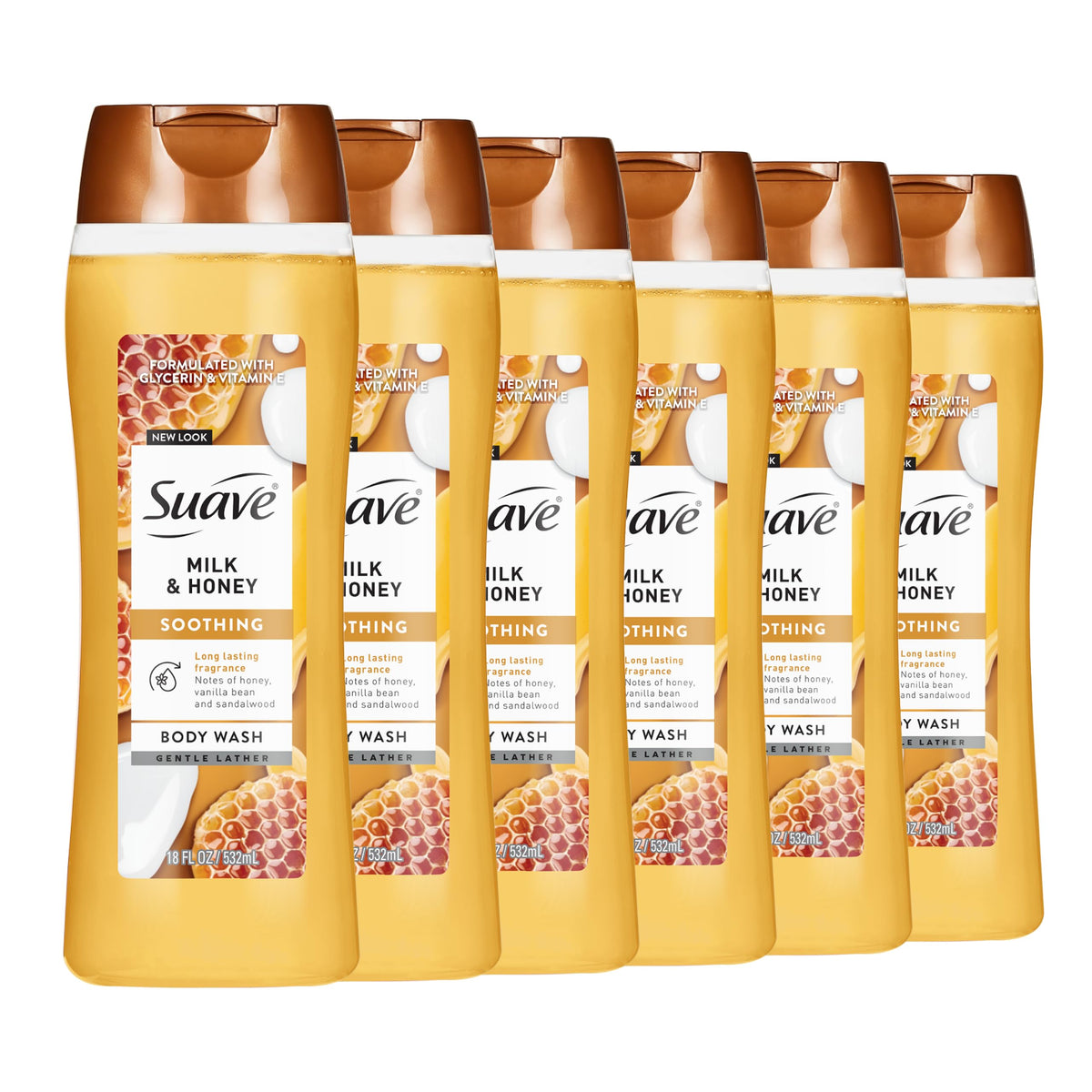 Suave bottle front packaging showing milk and honey scent and benefits