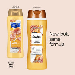 Suave ingredients display glycerin and vitamin E highlighting skin hydration