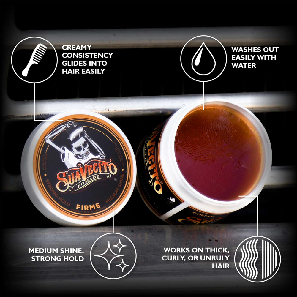 Suavecito Pomade being scooped in palms demonstrating easy warming and spreadability