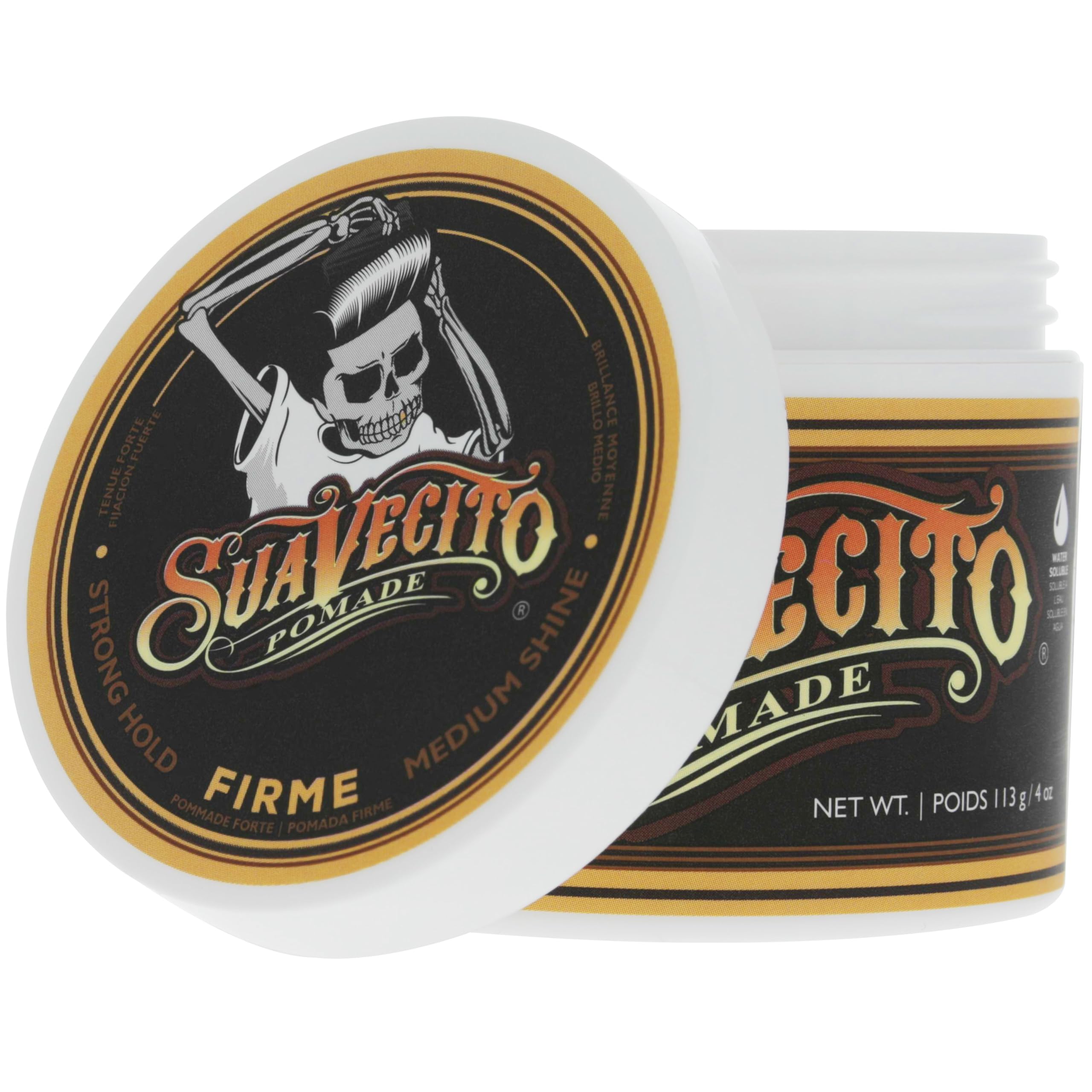 Suavecito Pomade in barbershop scene showing professional styling results and reliability