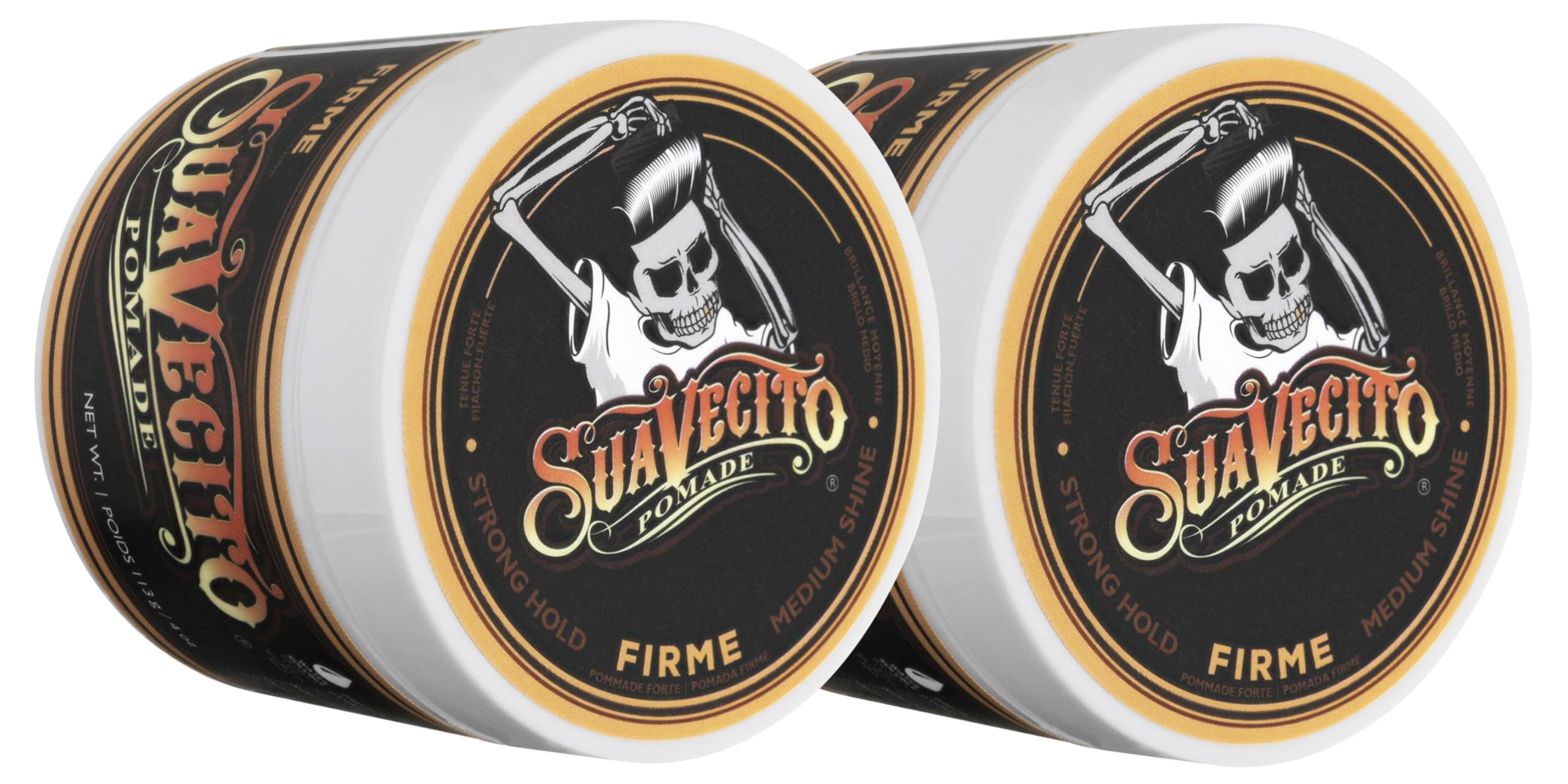 Suavecito Pomade front packaging showing two 4 oz jars and strong hold benefits