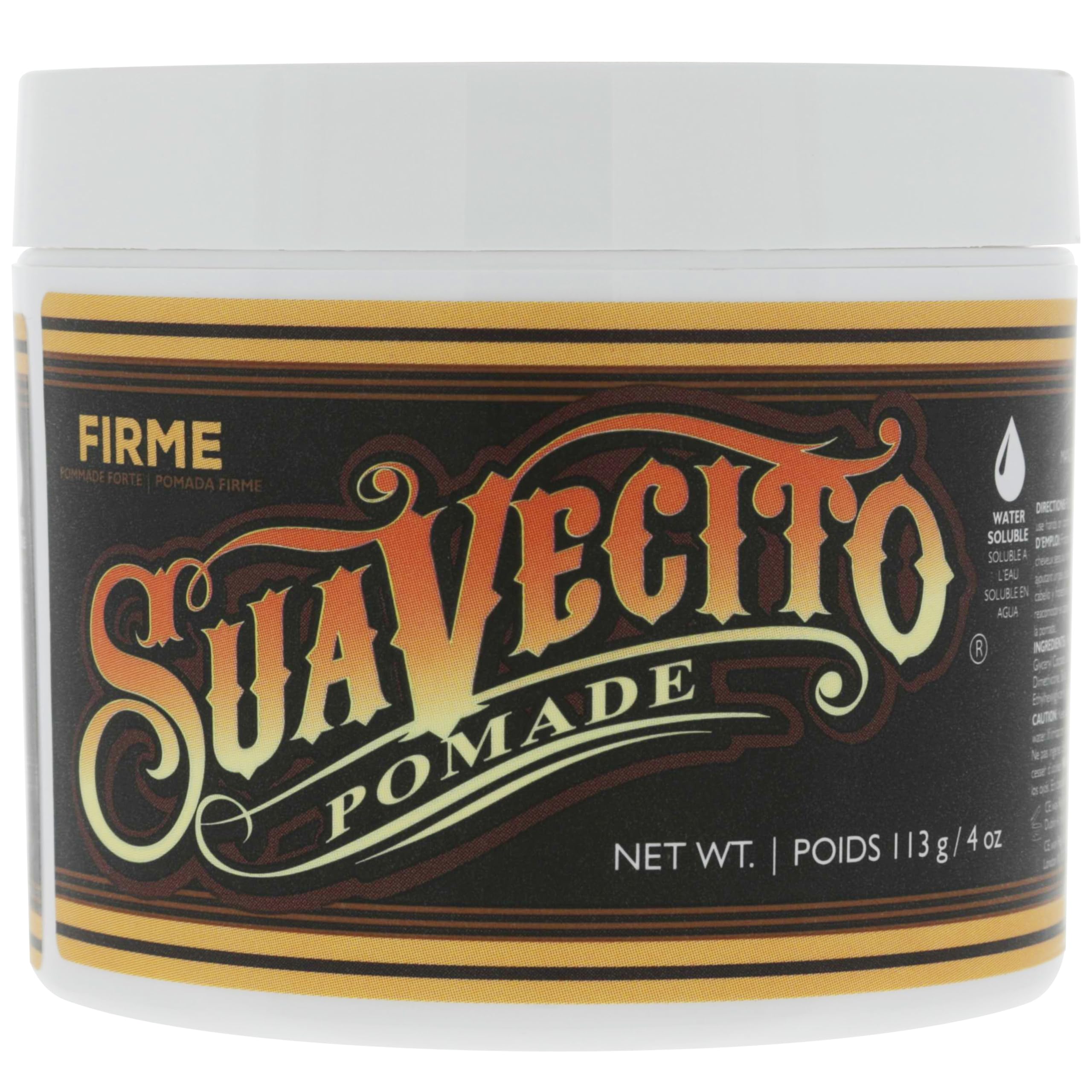 Suavecito Pomade label close-up displaying product details and water-based formula clarity