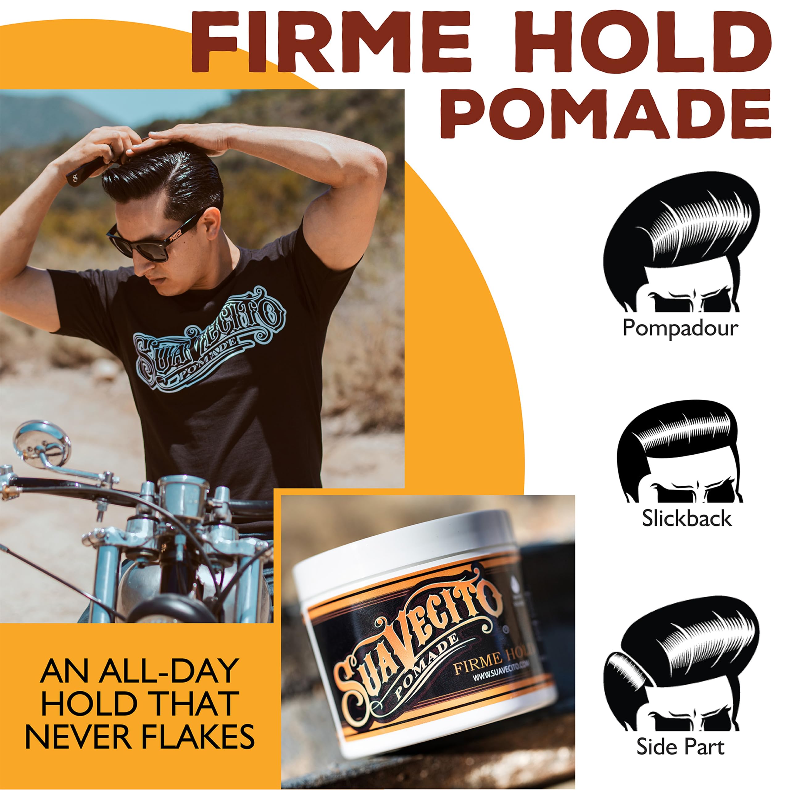 Suavecito Pomade pompadour side view highlighting volume, definition, and durability