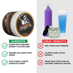 Suavecito Pomade styled slick-back on model showing long-lasting hold and medium shine